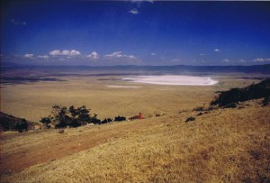 Gezicht op de mistvrije krater van Ngorongoro vanaf het Windy Gap...
